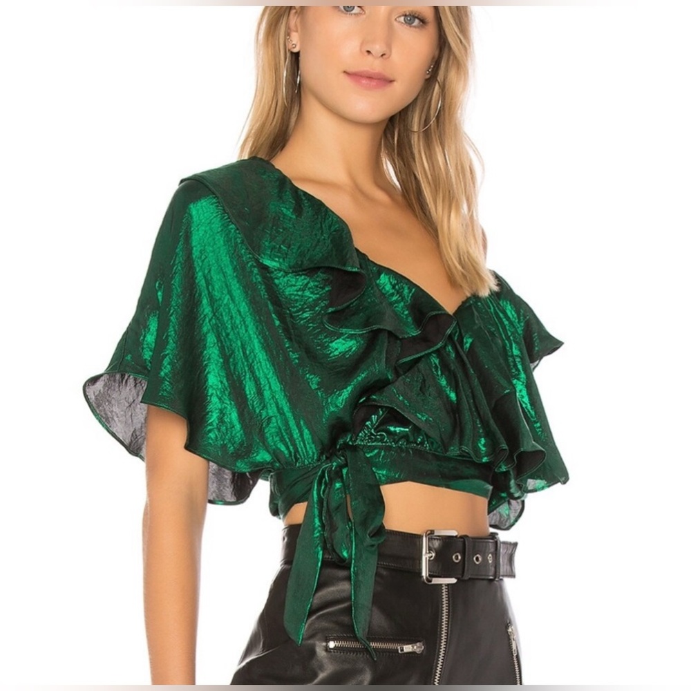 House of Harlow 1960 Revolve Azalea Shimmering Green Off-Shoulder Blouse 🟢 - Picture 1 of 8